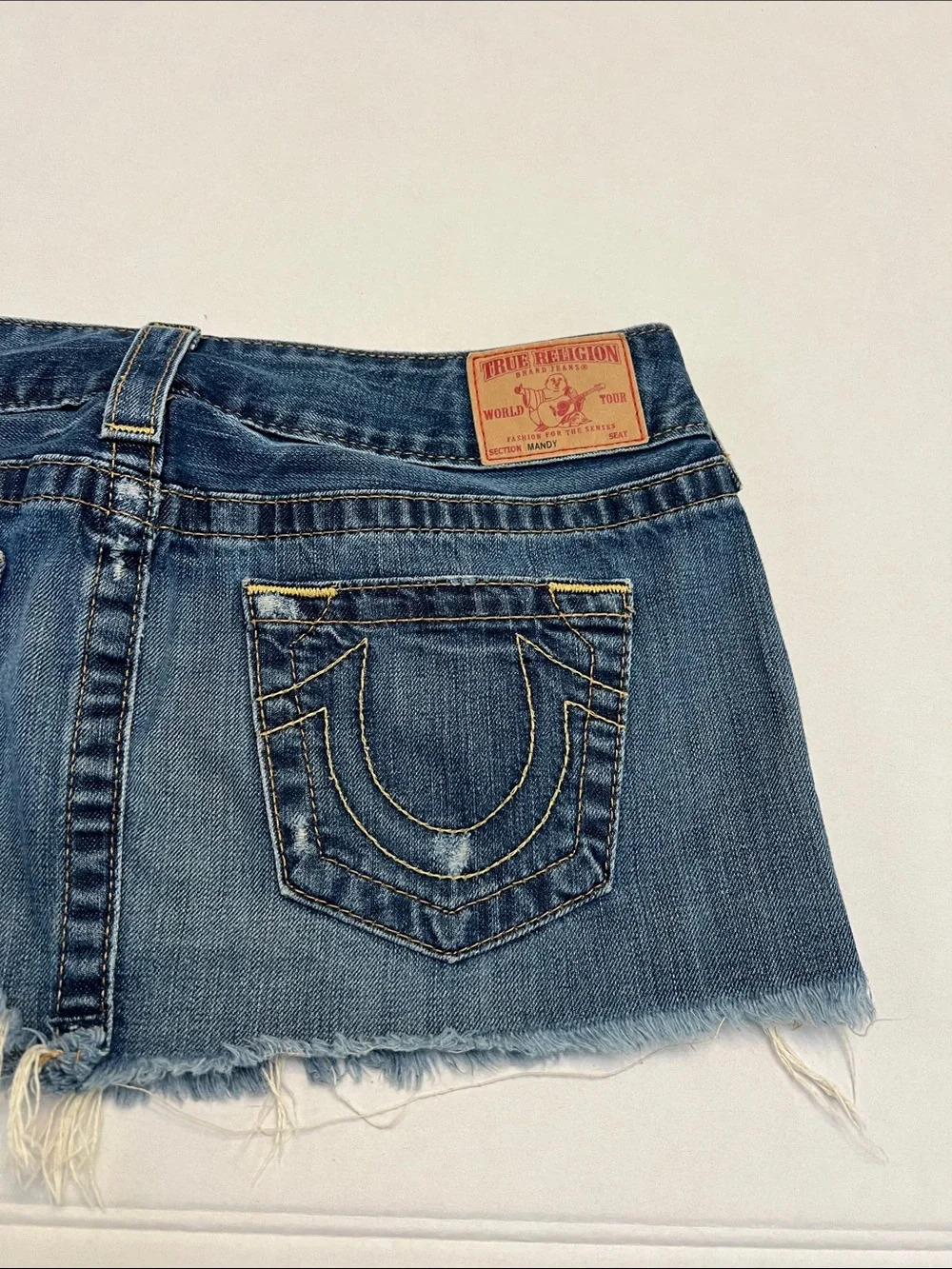 TRUE RELIGION Y2K MICRO MINI 10” MANDY MADE IN USA VTG FRAYED RAW HEM LOW RISE